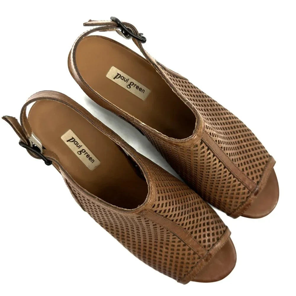 NWOB Paul Green Lois Perforated Leather Slingback Heeled Sandal Size 7.5 US 5 UK